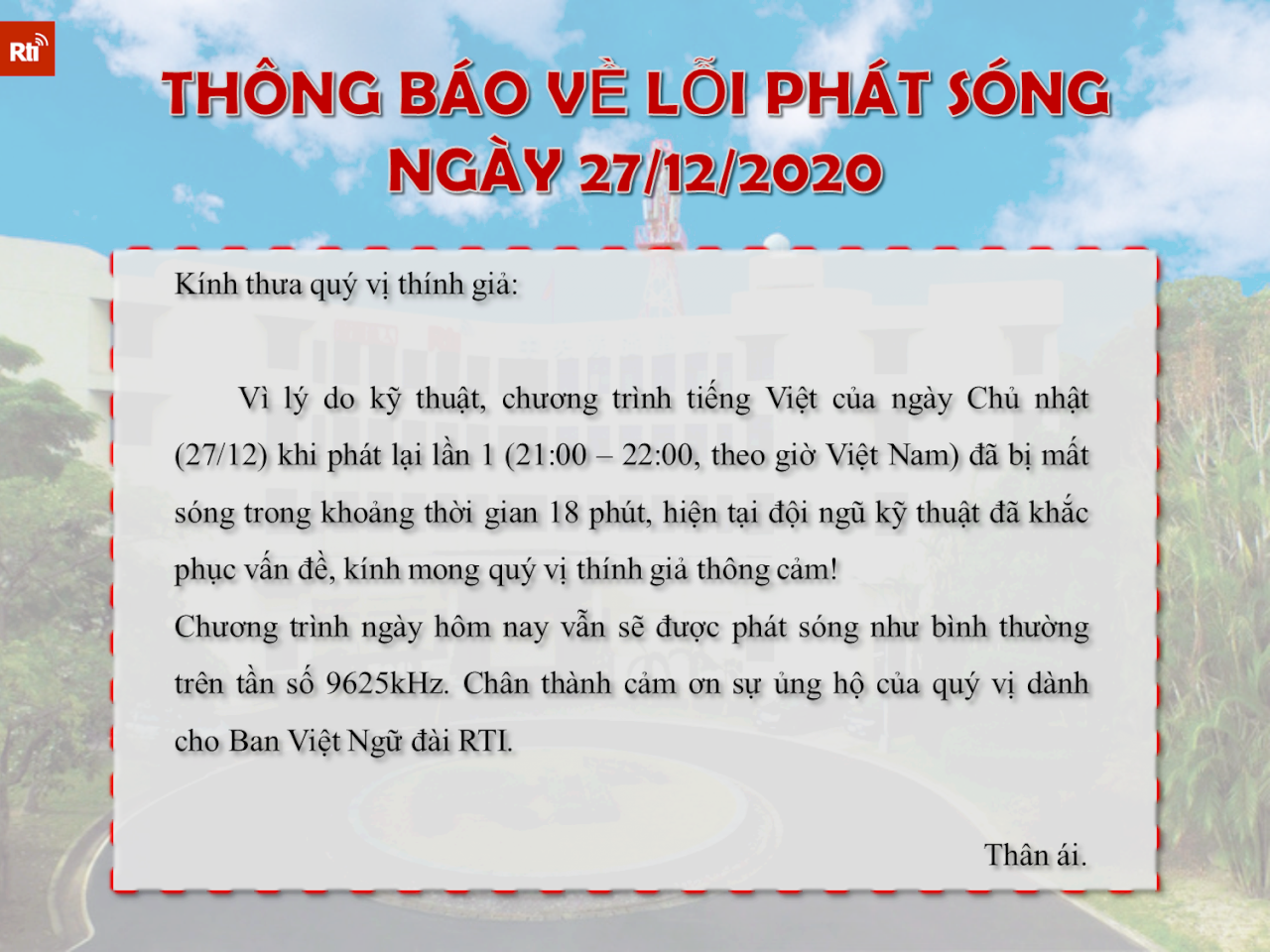 THÔNG BÁO VỀ LỖI PHÁT SÓNG NGÀY 27/12/2020