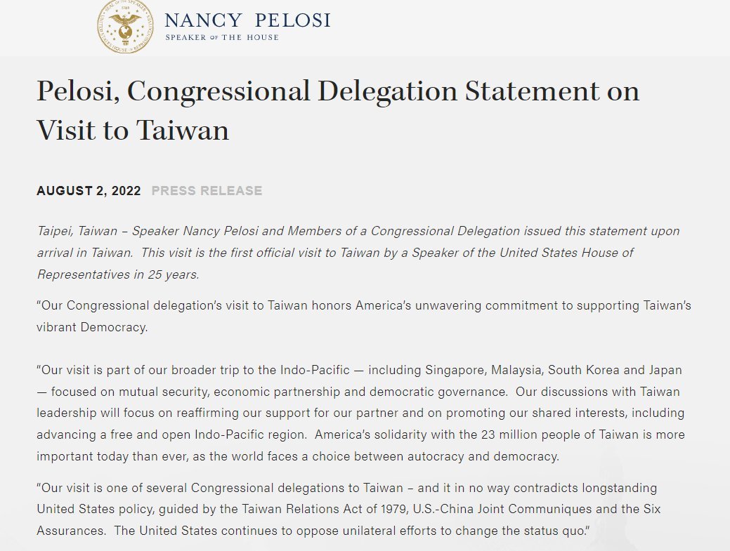 Chủ tịch Hạ viện Hoa Kỳ Nancy Pelosi: Giữ lời hứa ủng hộ nền dân chủ của Đài Loan