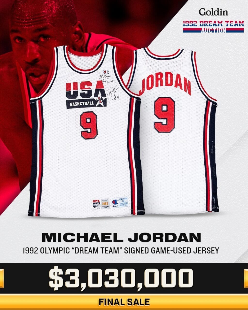 Chiếc áo thi đấu năm 1992 của huyền thoại bóng rổ Michael Jordan được bán với giá 93 triệu Đài tệ